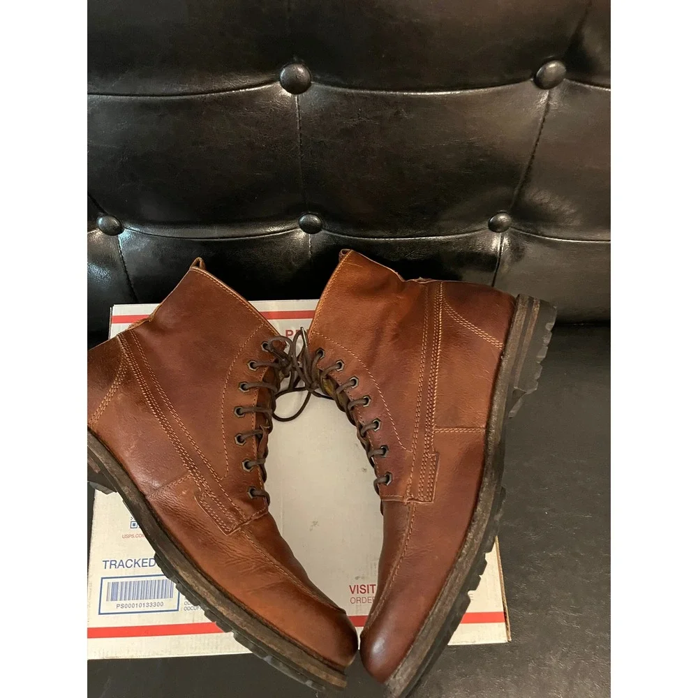 Frye Cognac Leather Moc Toe Lace Up  Lug Sole Boots